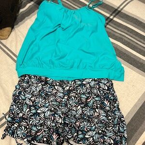 Brand new tankini swim suit teal top multi colored bottoms